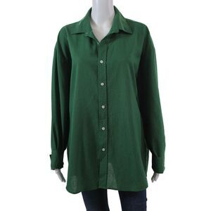 Storets Womens Button Front Long Sleeve Collared Linen Shirt Green Size S/M